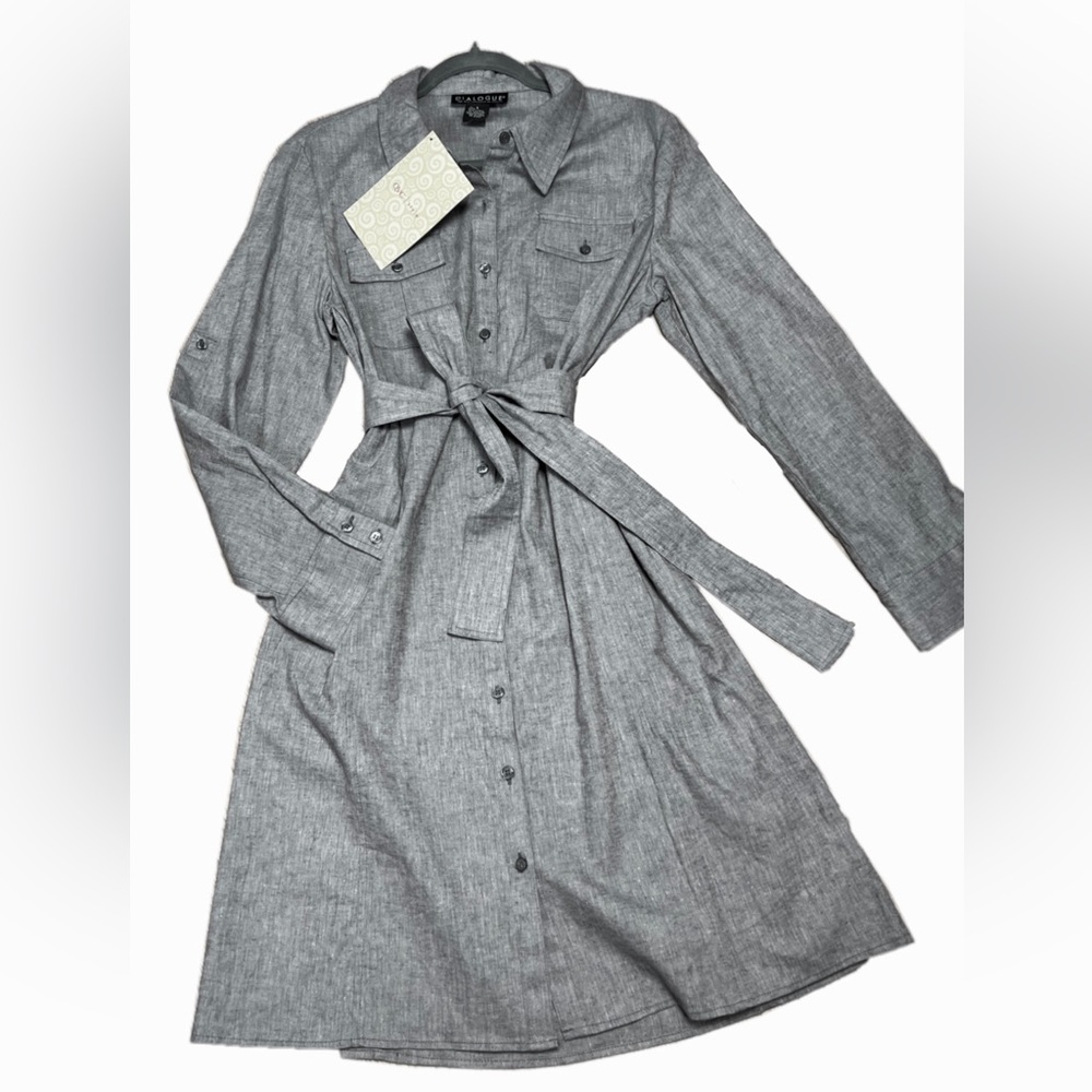 “Dialogue” Gray Button Down Tie Waist Dress Size Small NEW